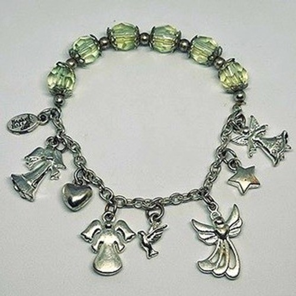 Vintage Miriam Haskell holiday angel-theme charm bracelet green tinted beads